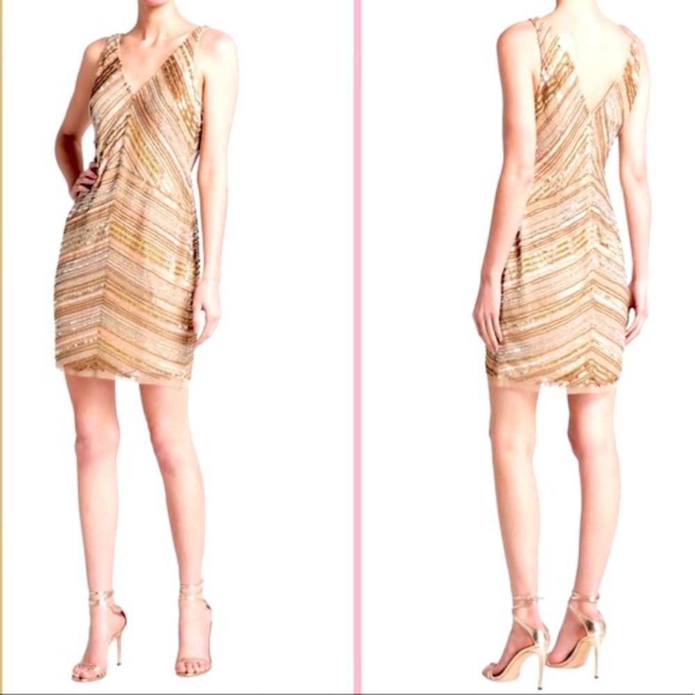 NEW Aidan Mattox V Neck Beige Gold Silver Pink Sequin Cocktail Sexy Glow